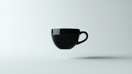 Wall Mural -   Black coffee mug soaring in mid-air, casting shadows on either side