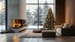 © Halina - Elegant modern living room with a decorated Christmas tree, large windows, and a cozy fireplace overlooking a snowy landscape