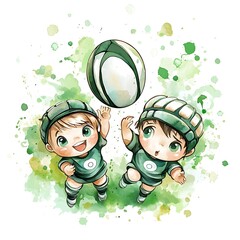 Cartoon Illustration of Two Kids Playing Rugby with Watercolor Splashes.