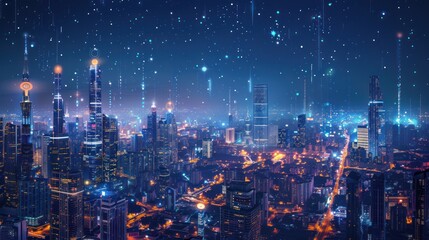 Wall Mural - Night Cityscape with Digital Rain