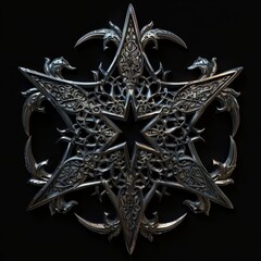 Intricate silver pentagram medallion with ornate design

