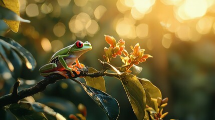 Sticker -   Red-eyed tree frog perched on tree branch, surrounded by flowers and bathed in sunlight