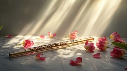 Poster -   A close-up of a musical instrument on a table surrounded by flowers on the floor, with light filtering through a curtain behind it