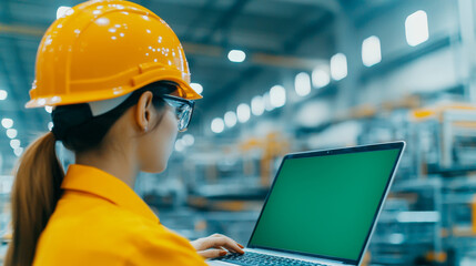 Female engineer working on laptop in factory.