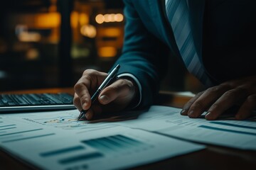 Poster - Business professional analyzing financial reports with a calculator at a desk during evening hours in a modern office
