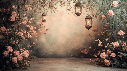 Canvas Print - Romantic Garden with Lanterns and Pink Roses