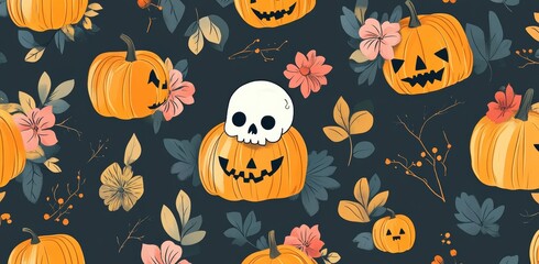 In this seamless Halloween background, skulls, pumpkins, and leaves are scattered.