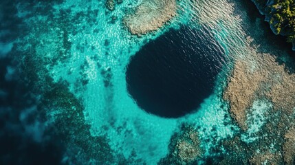 Aerial view of the Great Blue Hole, a massive marine sinkhole surrounded by vibrant turquoise waters off the coast of Belize. Crystal clear ocean contrasts with the dark abyss below.