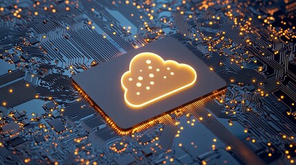 Poster - The futuristic cloud computing infrastructure is surrounded by glowing connections, equipped with advanced AI automation systems, and a sleek interface featuring cutting-edge technology