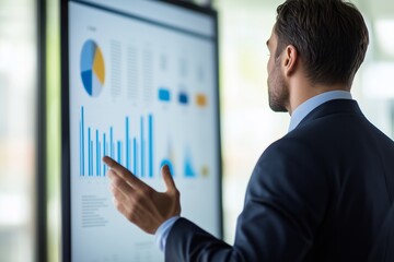 Poster - Business professional analyzing data trends while presenting insights on a digital dashboard in a modern office environment