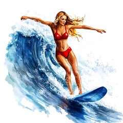 Wall Mural - Watercolor illustration of a woman surfing a wave.