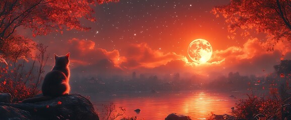 Wall Mural - a lone cat sits on a rock, gazing at a large, glowing moon over a misty lake, surrounded by autumn f