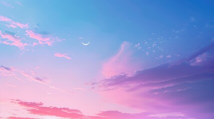 Canvas Print - Pink and Blue Sky with Clouds and Crescent Moon