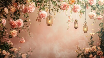 Canvas Print - Floral Background with Lanterns and Romantic Atmosphere