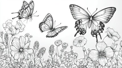 Canvas Print -   A monochromatic illustration of three butterflies in flight above a field filled with daisies and other wildflowers