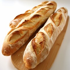 Two freshly baked crispy baguettes placed on a wooden cutting board, showcasing the golden brown crust and light flaky texture, perfect for a bakery theme or culinary display.