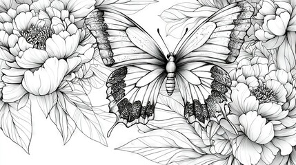 Sticker -   Black and White Butterfly Drawing with Flowers