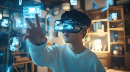 Poster - A school student effectively uses virtual reality and AI, showcasing the vital role of interactive technology in enhancing modern education and improving learning outcomes for students everywhere