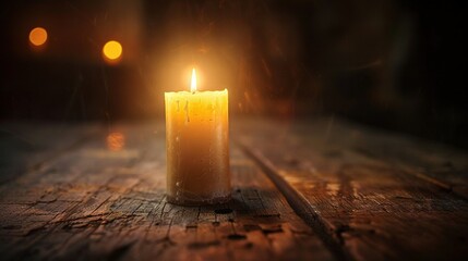 Canvas Print -   A candle sits on a wooden table amidst darkness, illuminated by background boke lights