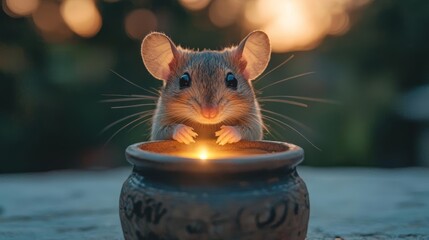 Mouse brewing a glowing potion in an ancient cauldron, animal witch, mouse casting spell in a magical kitchen