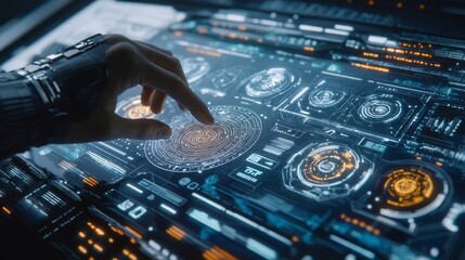 Using a glowing blue digital interface with circles and lines, a hand interacts with the interface.