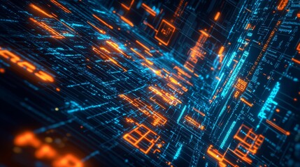 Icons and code glow on an abstract digital interface.