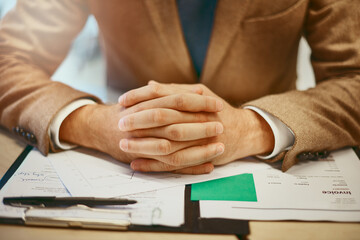 Poster - Hands, invoice and papers with notes, documents and entrepreneur for connection at digital agency as art director. Creative person, pen and research for design, brief or project for online website