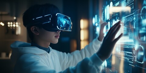 Poster - A school student explores interactive technology with a VR headset, engaging with AI and machine learning for an enhanced educational experience