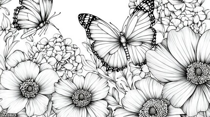 Sticker -  A monochrome illustration depicts multiple blossoms, a butterfly atop one, and the rest as background