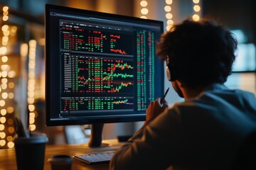 Poster - a trader analyzes market data on a screen while wearing headphones in a modern office during the eve