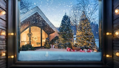 Sapin de Noël avec des illuminations dans un jardin avec de la neige vu depuis l'intérieur d'une maison à travers une fenêtre. 