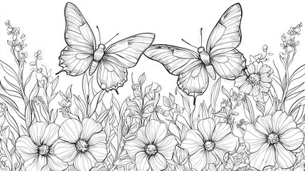 Poster -   Black-and-white image of two flying butterflies amidst daisy-filled field