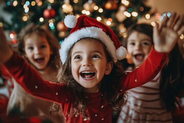 Joyful children celebrating Christmas, Santa hats and tree