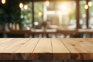 Wall Mural - Empty Wooden Table with Cafe Background | Cozy Setting for Relaxation and Dining