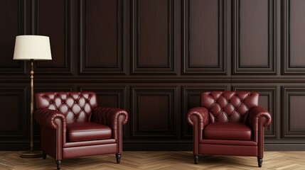 Elegant leather chairs complement a dark wood paneled wall, creating a sophisticated and cozy interior space.