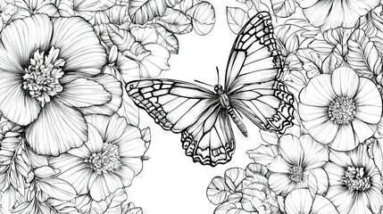 Canvas Print -   A monochrome sketch of a butterfly perched on a blossom amidst a field of blooms against a crisp white backdrop