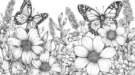 Poster -   A b/w illustration of a flower field w/ 2 butterflies atop & 1 below pic