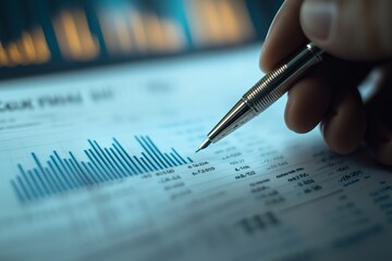 Poster - Detailed analysis of financial data with a pen on a graph during a business meeting in a modern office setting