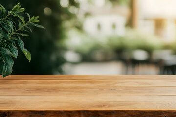 Wall Mural - Empty Wooden Table with Cafe Background | Cozy Setting for Relaxation and Dining