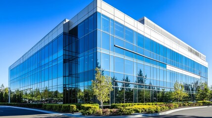 An ultra-modern corporate office building with reflective glass windows