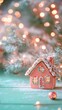 © Pixels  - Bright coral-colored gingerbread house on a mint green table, with twinkling rainbow lights in the background, copy space, Merry Christmas background, festive baking promotion