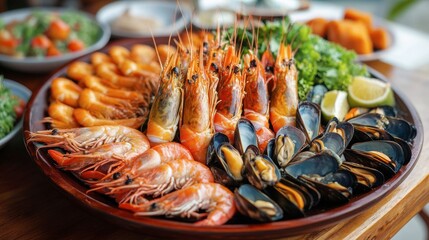 A delicious spread of shellfish, including prawns, clams, and mussels, served on a wooden table at a Hua Hin resort.