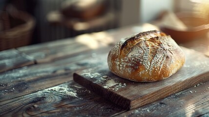 Poster -   A loaf of bread sits atop a cutting board adjacent to a bowl of bread positioned atop a wooden table