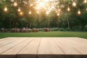 Wall Mural - Empty Wooden Table with Cafe Background 