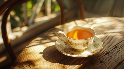 Sticker -   A cup of tea atop a saucer atop a wooden table beside a chair