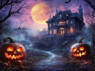 Spooky Halloween night background with pumpkin and fullmoon