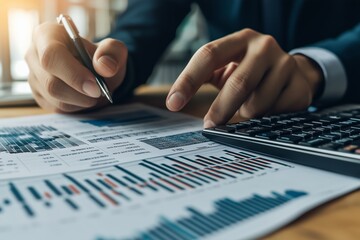 Poster - Person analyzing financial data with graphs and charts in an office setting during the daytime while using a calculator and pen
