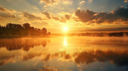 Poster - A breathtaking sunset casts its fiery hues across the sky and is mirrored in the calm waters of a lake, creating a stunning and peaceful scene.