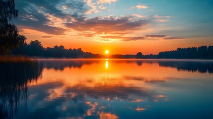 Poster - A breathtaking sunset casts its fiery hues across the sky and is mirrored in the calm waters of a lake, creating a stunning and peaceful scene.