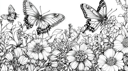 Sticker -   A monochrome illustration of butterflies soaring above a field of daisies and flowers